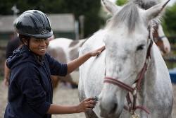 A young boy smiling, grooming a grey horse.